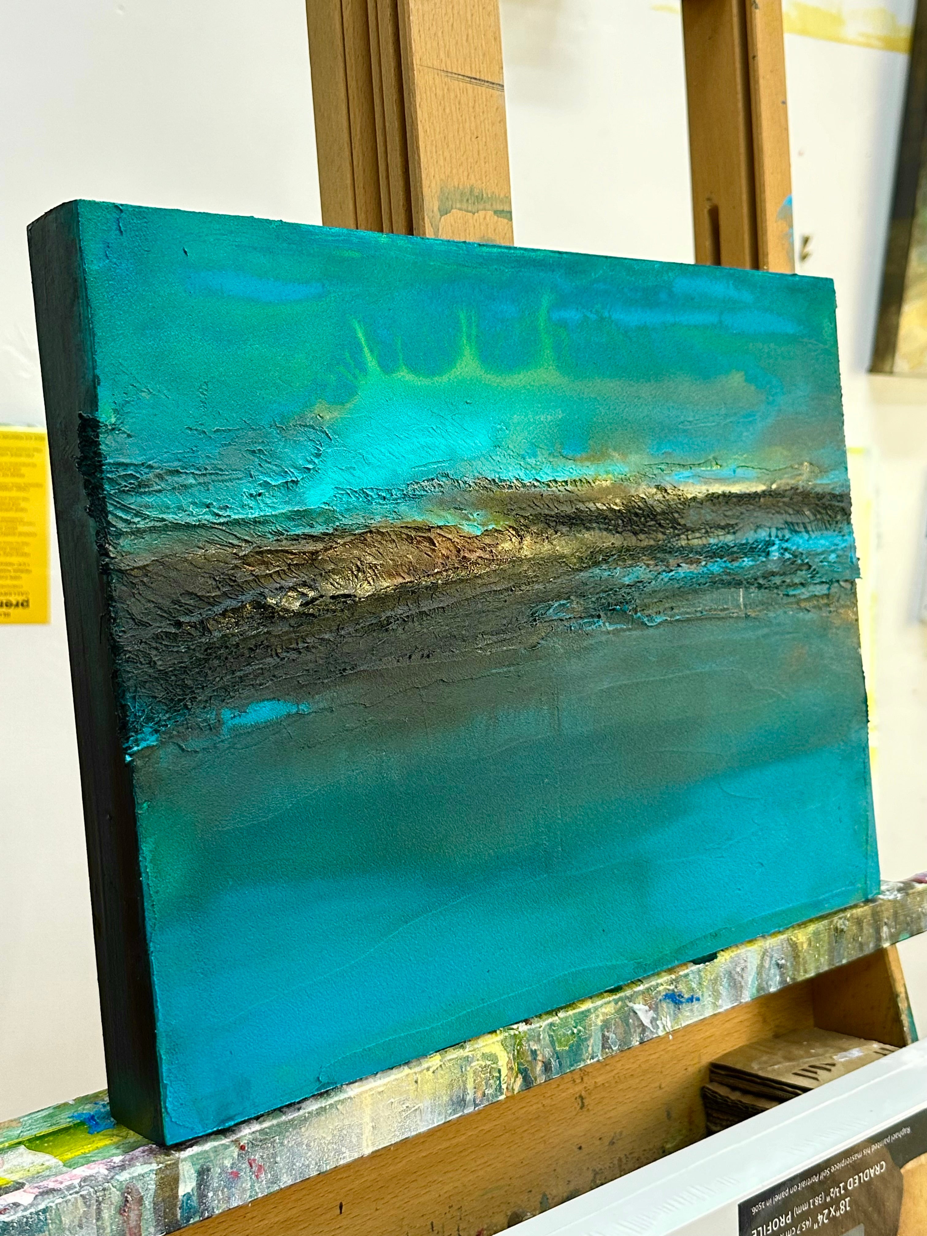 The Rush mixed media ocean abstract painting on easel in studio