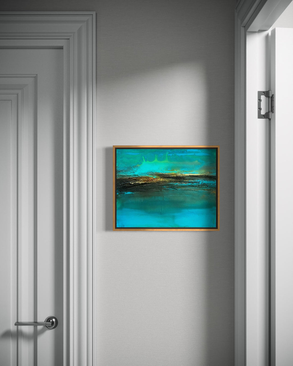 The Rush mixed media ocean abstract painting in white modern hallway
