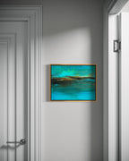 The Rush mixed media ocean abstract painting in white modern hallway