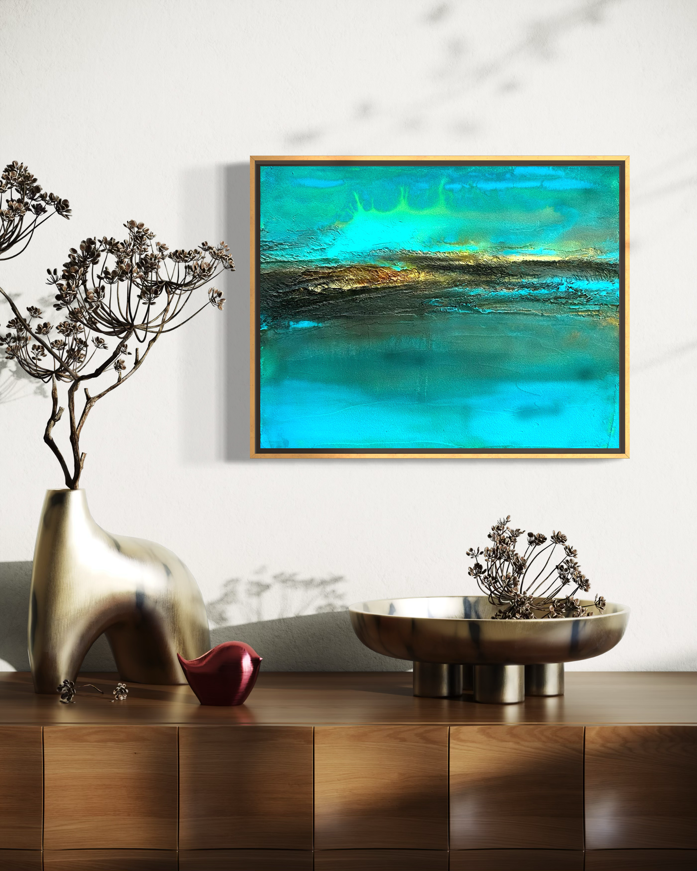 The Rush mixed media ocean abstract painting framed in gold over modern wood side table