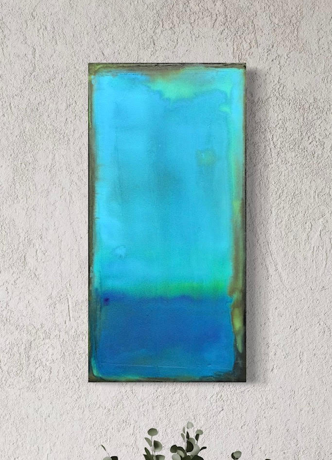 Waiting is an abstract zen acrylic painting with a gradient of blue colors on a textured white wall by artist Jen Muse