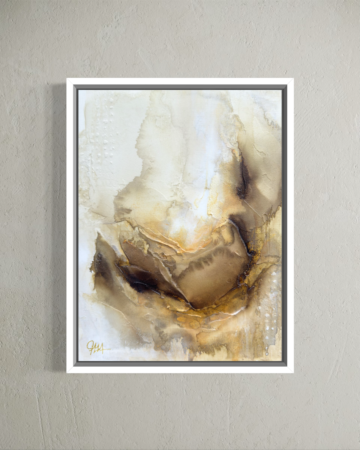 Warm and cozy modern abstract energy bloom in a white wood frame