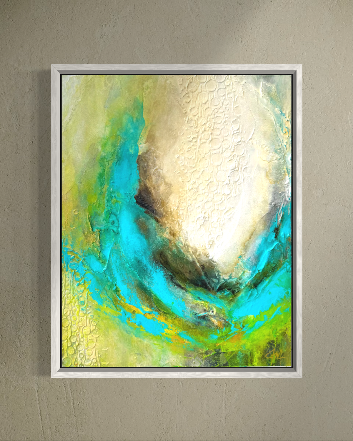 highly textured ocean inspired abstract painting by artist jen muse