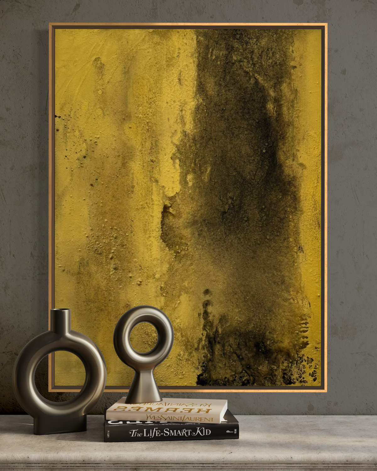 when the dust settles is an original charcoal and acrylic painting shown in  a modern gray home by artist Jen Muse