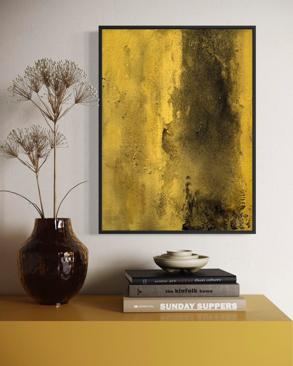 When The Dust Settles charcoal and gold abstract painting in a modern living room