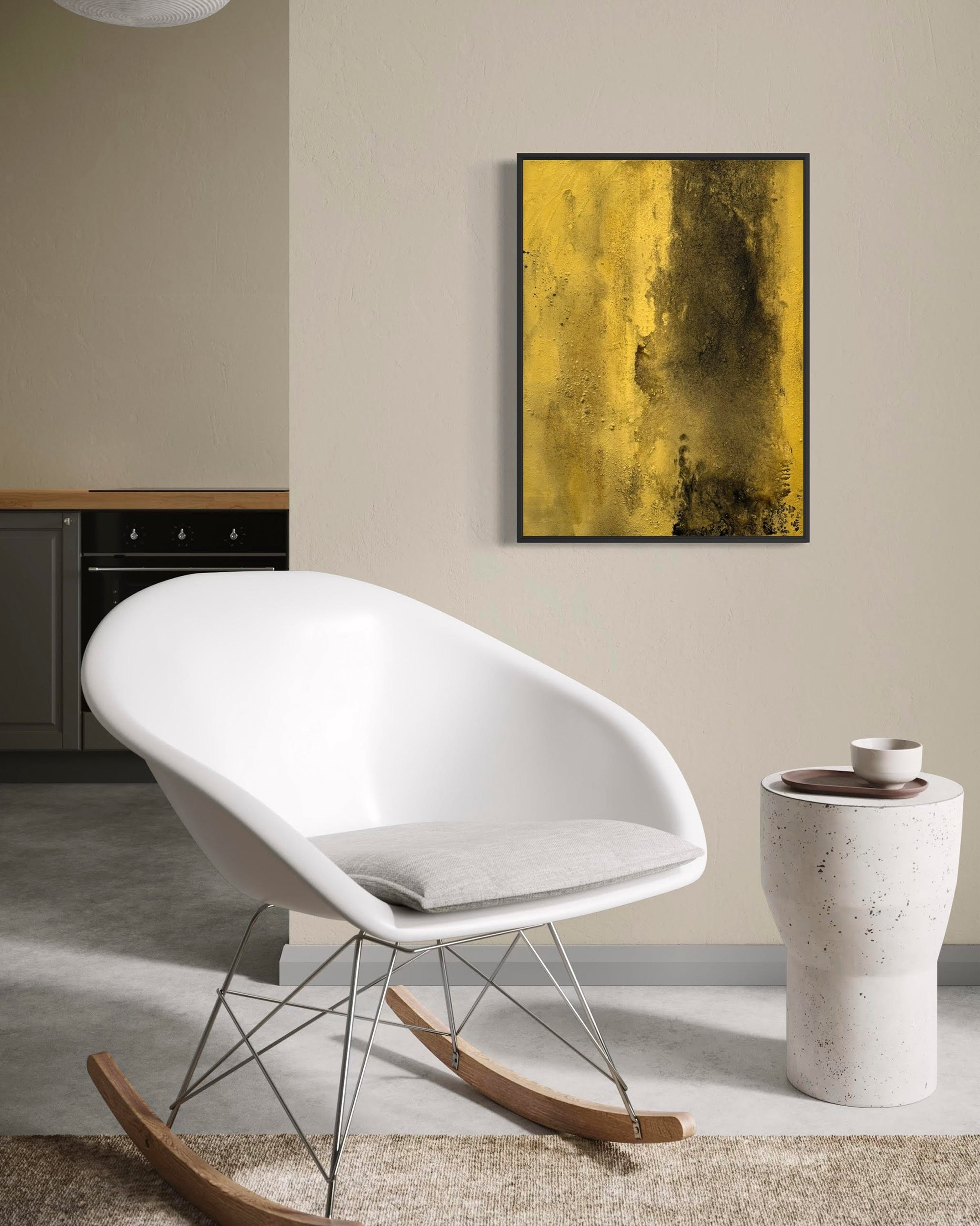 When The Dust Settles charcoal and gold abstract painting with modern white chair