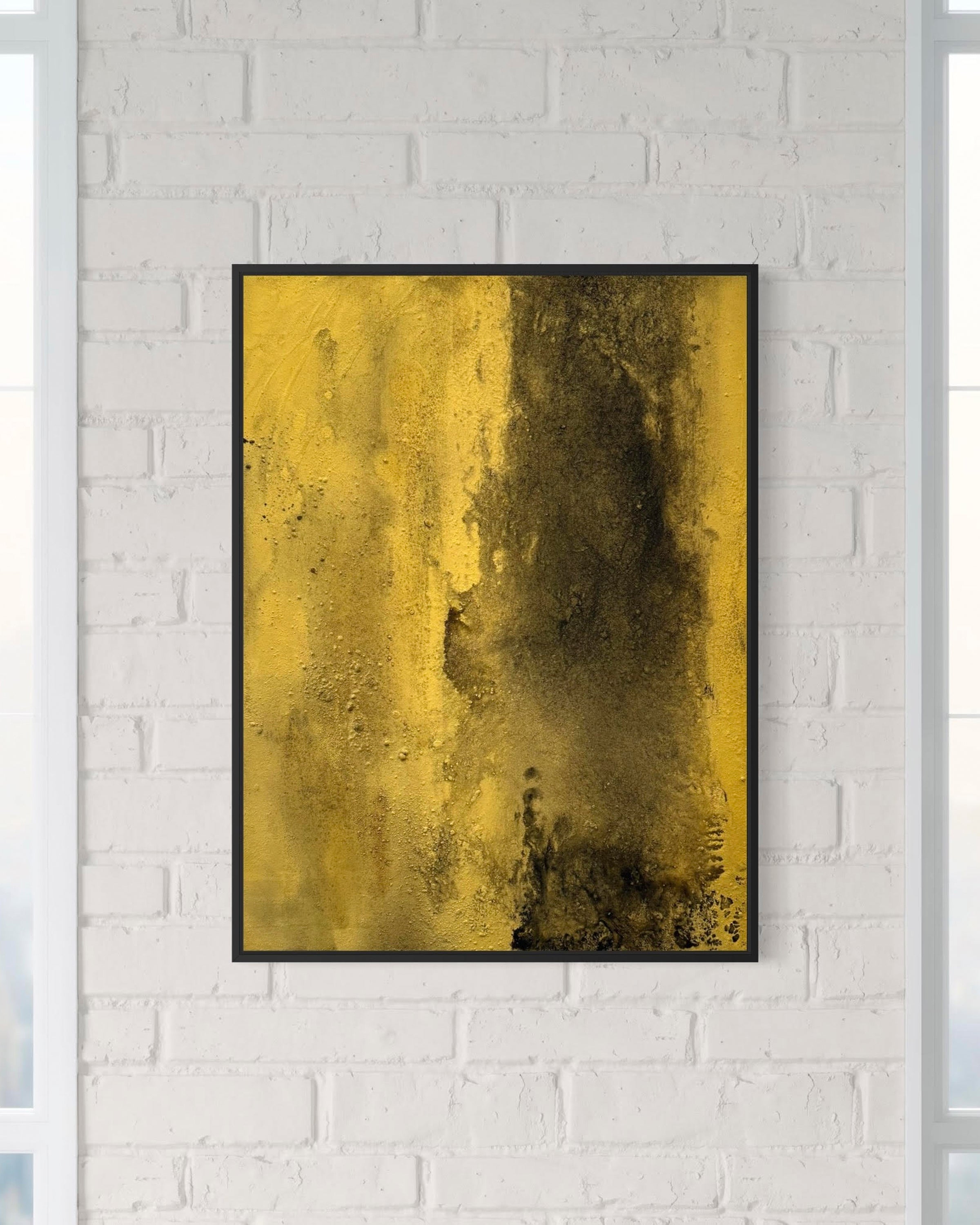 When The Dust Settles charcoal and gold abstract painting on a gallery wall