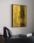 When The Dust Settles charcoal and gold abstract painting over a modern desk