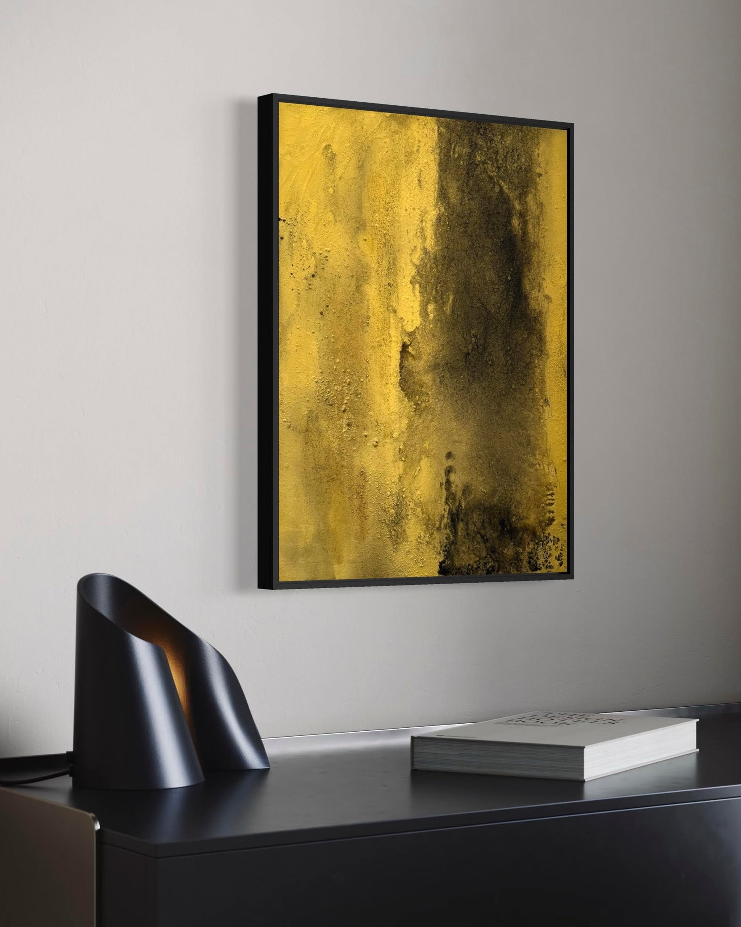 When The Dust Settles charcoal and gold abstract painting over a modern desk