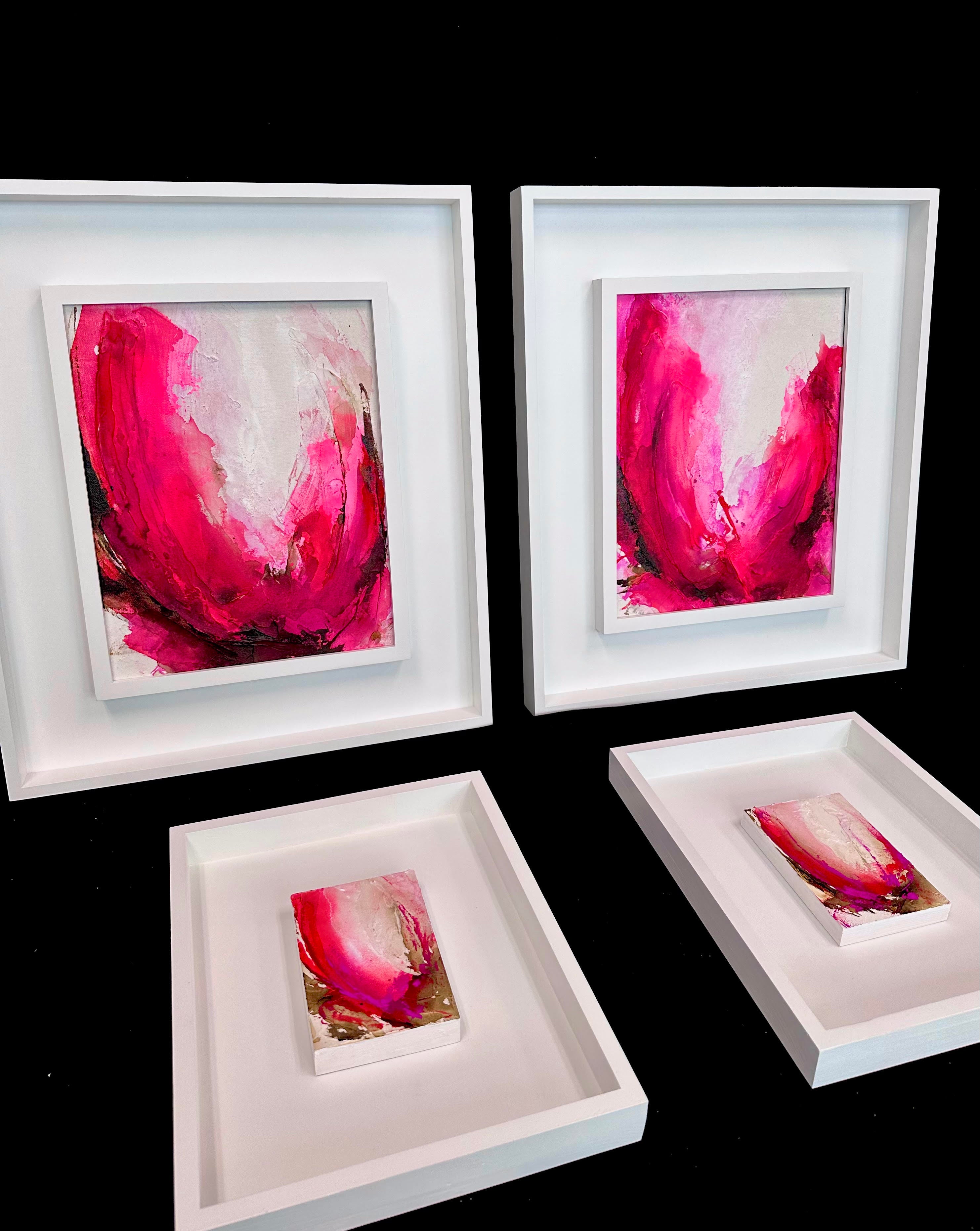 Grouping of four pink blooms in white modern frames by artist Jen Muse